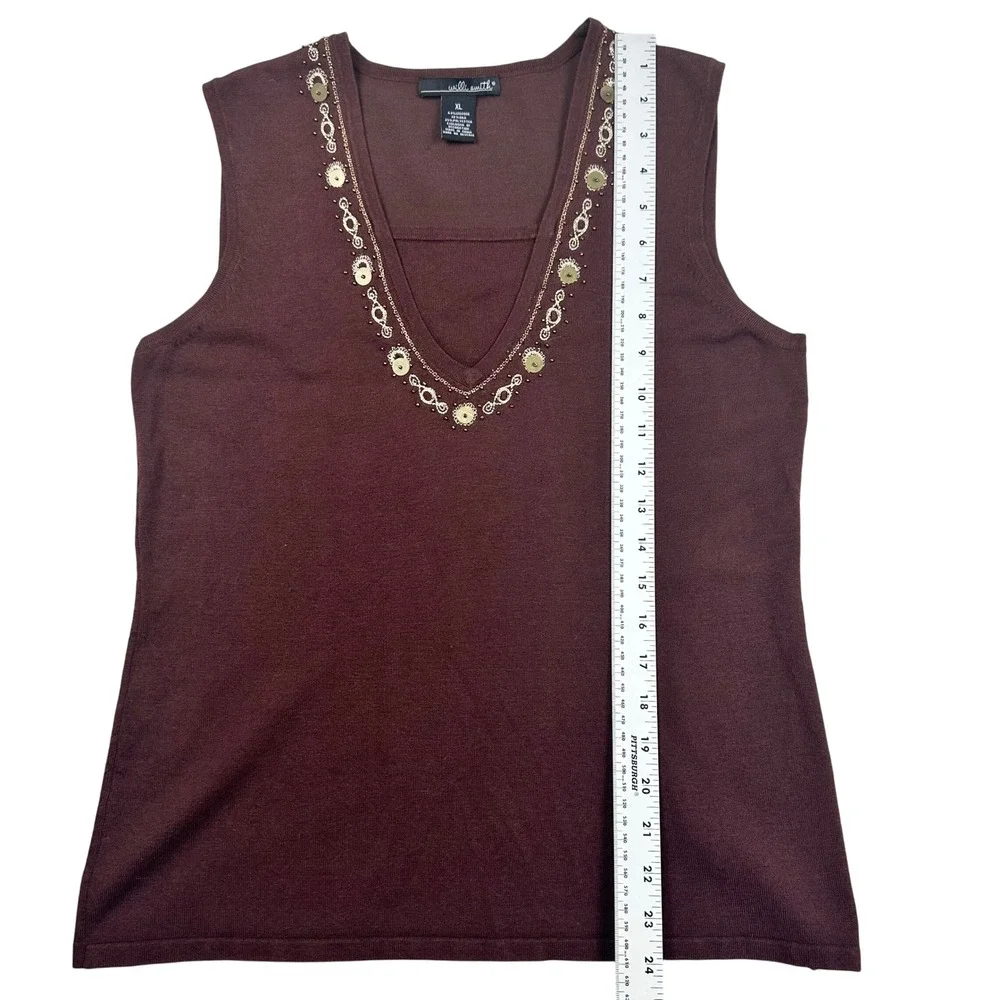 Willi Smith Brown Silk blend‎ Sleeveless Sweater Top XL Embellished V Neck Tank - Picture 8 of 11